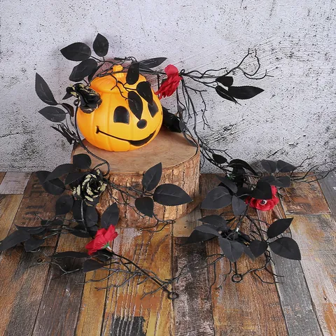 Halloween Zwarte Wingerd Slinger Decoratie Kunstmatige Zwarte Bladeren Rode Roos Met Oogbol Gothische Griezelige Spookfestival Prop