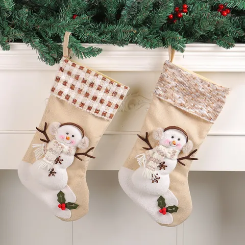 Christmas Stocking Gift Bags Linen Knit With 3D Snowman Earmuffs Scarf Plaid Striped Cuffs Rustic Fireplace Hanging Decor