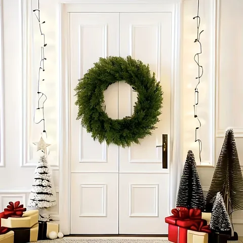 Artificial Christmas Wreath Green Pine Needle Plastic Leaves Circular Door Hanging Festive Home Decor Front Door Ornament