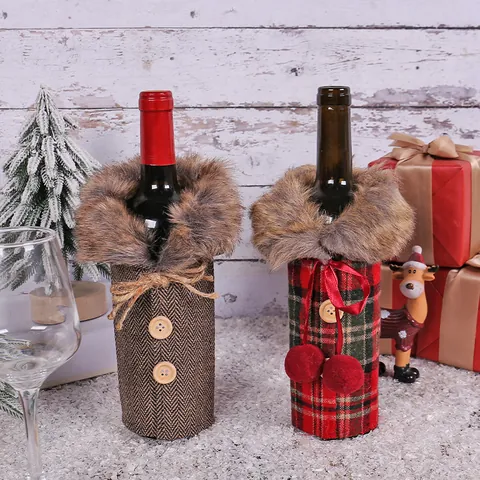 Copribottiglia Di Vino Di Natale Tessuto Scozzese Collo In Pelliccia Sintetica Decorazione Tavola Festiva