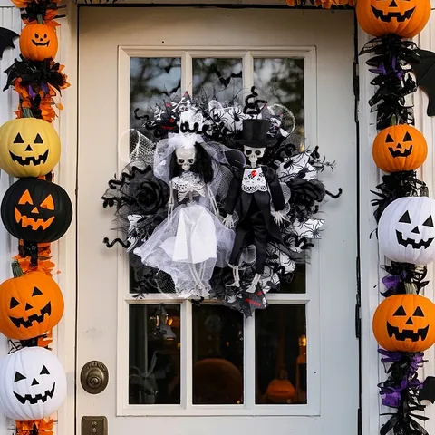 Couronne en Maille Mariée et Marié Squelette d'Halloween Rose Noir Blanc Toile d'Araignée Décor de Porte Gothique Fête