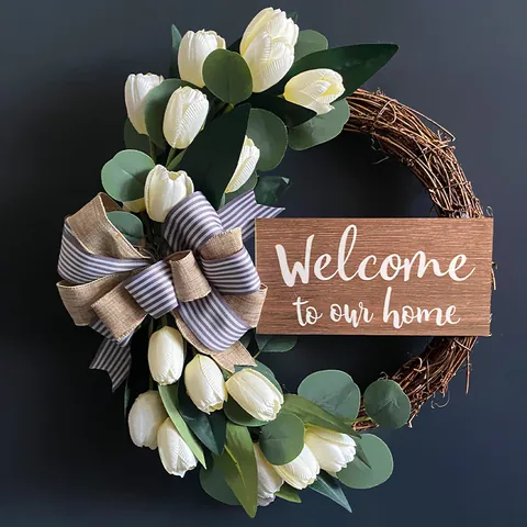 Στεφάνι Καλωσορίσματος με Τουλίπες Welcome To Our Home Ξύλινη Πινακίδα Τεχνητά Λευκά Λουλούδια Ρουστίκ Στεφάνι Πόρτας Διακόσμηση για Σπίτι Τοίχο
