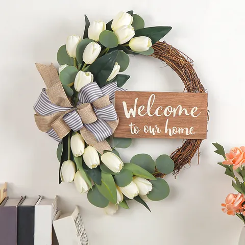 Στεφάνι Καλωσορίσματος με Τουλίπες Welcome To Our Home Ξύλινη Πινακίδα Τεχνητά Λευκά Λουλούδια Ρουστίκ Στεφάνι Πόρτας Διακόσμηση για Σπίτι Τοίχο
