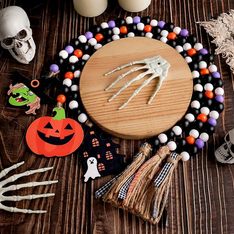 Halloween Wood Bead Garland with Tassel Rustic Wooden Beads Hanging Ornament Witch Pumpkin Castle Ghost Party Home Decor