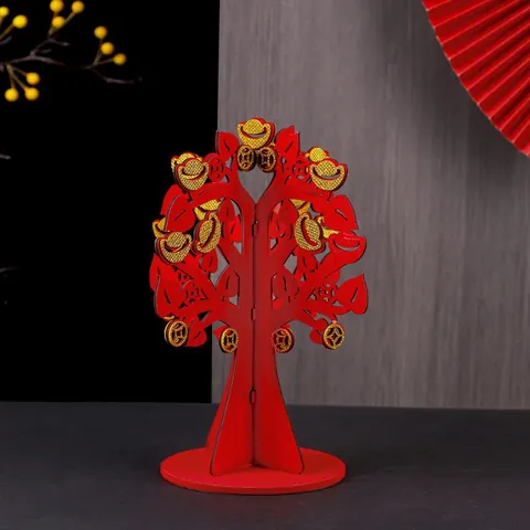 Traditional Chinese New Year Wood Money Tree Ornament Red Gold Yuanbao Lucky Tree For Spring Festival Mall Home Decor