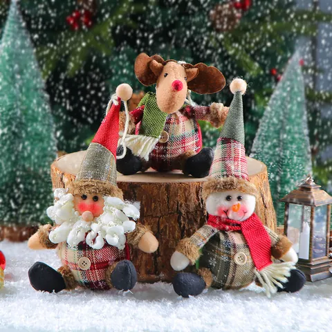 Christmas Grid Cloth Plush Doll Ornaments Elk Snowman Gnome With Wooden Buttons Festive Tree Hanging Pendant Holiday Home Decor