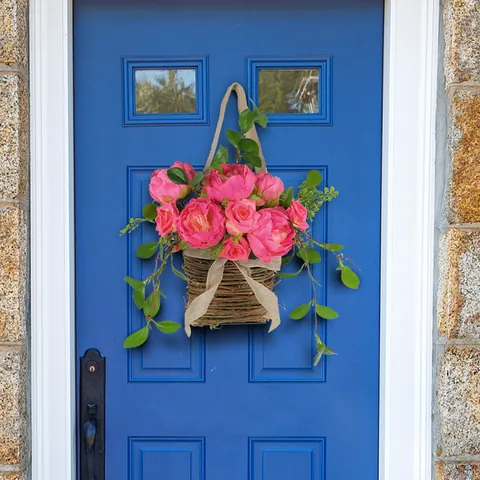 Pastoral Simulation Pink Rose Wreath Hanging Basket With Silk Flowers Plastic Leaves And Dry Branches For Home Door Decoration