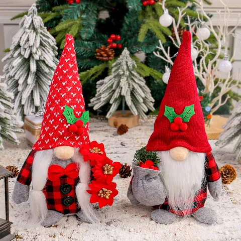 Handmade Christmas Gnomes Plush Swedish Tomte Dolls Knitted Red Hat Red Black Plaid Long White Beard Holiday Table Decor