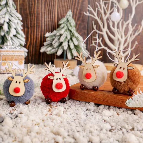 Christmas Reindeer Pompom Hanging Ornaments Wood Antlers Plush Ball Elk For Xmas Tree Home Party Decoration