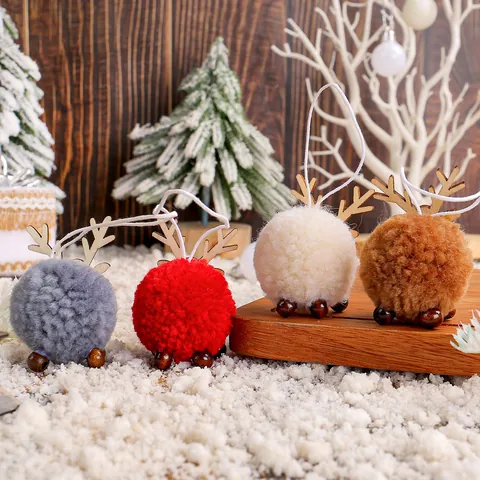 Christmas Reindeer Pompom Hanging Ornaments Wood Antlers Plush Ball Elk For Xmas Tree Home Party Decoration