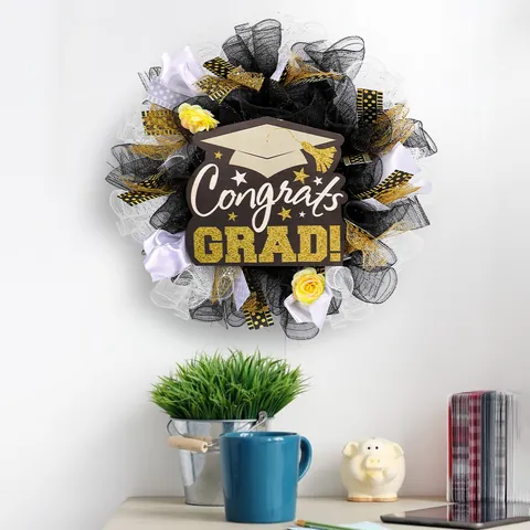 Guirnalda de Malla de Temporada de Graduación Con Letrero de Madera Congrats Grad Diseño Birrete para Decoración de Puerta Fiesta