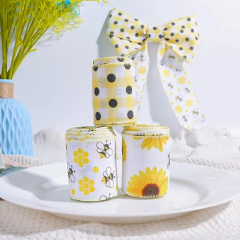 Bumblebee Day Faux Burlap Wired Edge Ribbon Sunflower Honeycomb Polka Dot Printed Webbing For Festival DIY Party Decoration