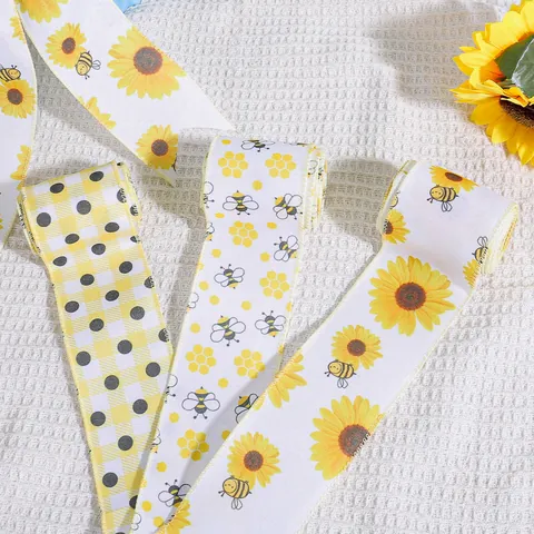 Bumblebee Day Faux Burlap Wired Edge Ribbon Sunflower Honeycomb Polka Dot Printed Webbing For Festival DIY Party Decoration