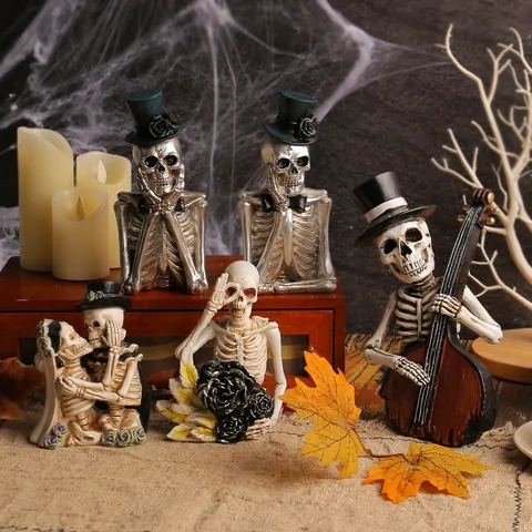 Halloween Cartoon Skeleton Resin Figurines Funny Skull Ornaments For Haunted House Escape Room Party Home Decor Gifts