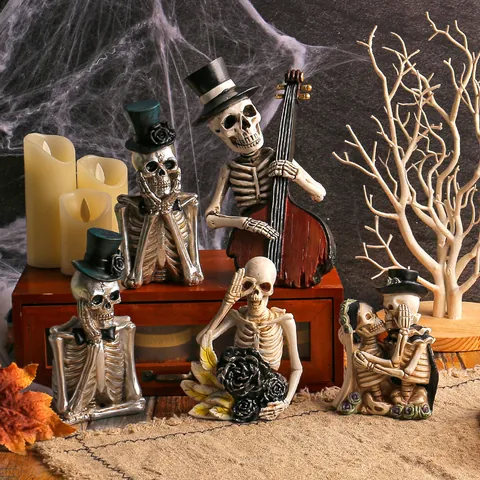 Halloween Cartoon Skeleton Resin Figurines Funny Skull Ornaments For Haunted House Escape Room Party Home Decor Gifts