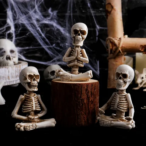 Halloween Meditation Yoga Skeleton Ornaments Resin Aged Bone Human Skull Figurines For Home Desktop Scene Party Decor Festive Gift