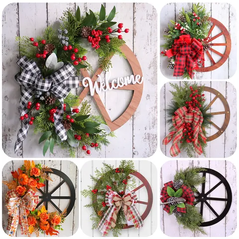 Couronne Rustique en Bois de Roue de Charrette Décoration de Noël à Suspendre Pour Porte d'Entrée Avec Pommes de Pin Baies Et Nœud Pour Fête Maison