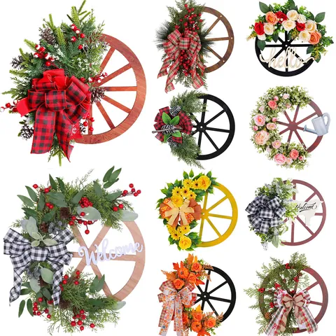 Couronne Rustique en Bois de Roue de Charrette Décoration de Noël à Suspendre Pour Porte d'Entrée Avec Pommes de Pin Baies Et Nœud Pour Fête Maison