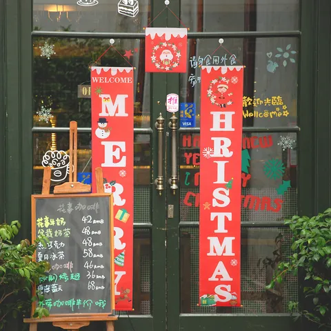 Set di Banner per Portico di Natale Merry Christmas Welcome Cartelli Appesi in Poliestere Stampati per Decorazione Parete Porta