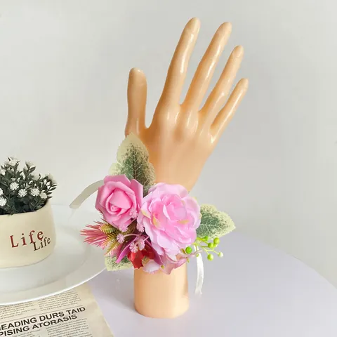 Handmade PU Satin Simulation Rose Wrist Flower For Bridesmaid Wedding Party Bridal Silk Ribbon Decor Headwear Apparel Accessory
