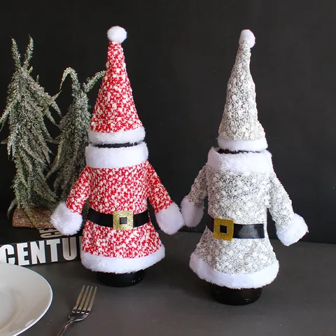 Christmas Wine Bottle Cover Set Mini Knitted Sweater And Hat For Holiday Party Table Decoration Xmas Home Decor Red Gray