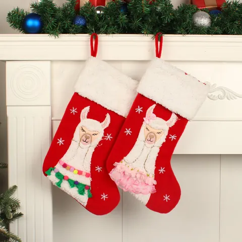 Alpaca Kerstsokken Stof Fluweel Lama Borduurwerk Sneeuwvlokken Pom Poms Kant Rok Feestdag Open Haard Hangende Decoratie
