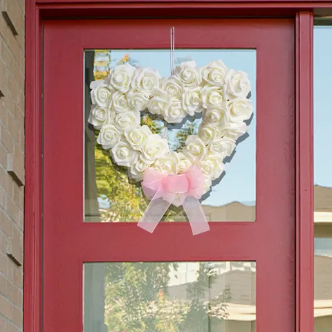 Heart Shaped Artificial Rose Wreath PE Foam Romantic Wedding Valentine Day Decoration Wall Hanging Door Ornament