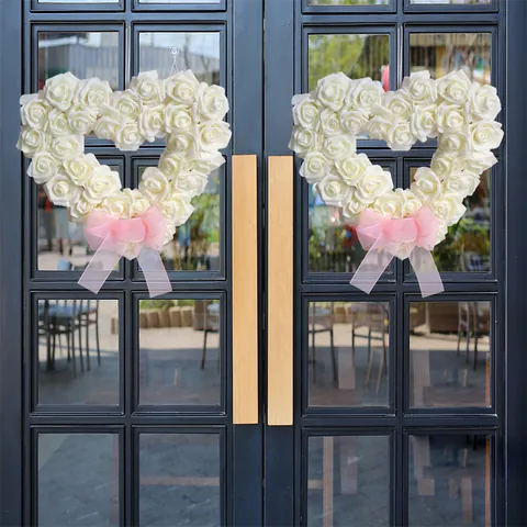 Heart Shaped Artificial Rose Wreath PE Foam Romantic Wedding Valentine Day Decoration Wall Hanging Door Ornament