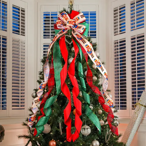 Notenkraker Kerstboom Top Strik Decoratie Ruit Rood Groen Lint Extra Grote Kerstboom Ornament Hangende Decoratie