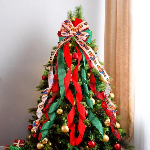 Notenkraker Kerstboom Top Strik Decoratie Ruit Rood Groen Lint Extra Grote Kerstboom Ornament Hangende Decoratie