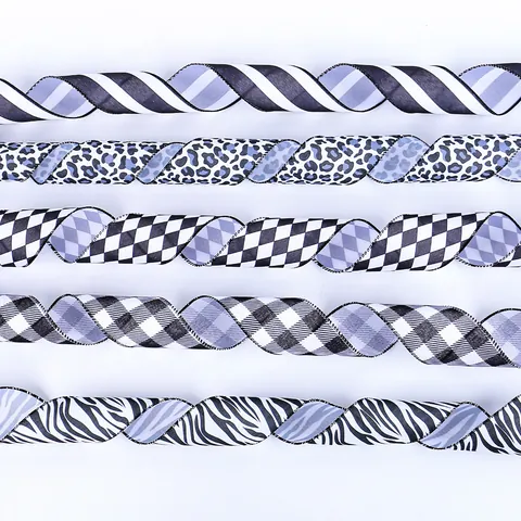 Black and White Striped Ribbon for Cake Box Decoration Floral Gift Wrapping DIY Crafts Zebra Leopard Checkered Argyle Pattern Fabric Wired Ribbon