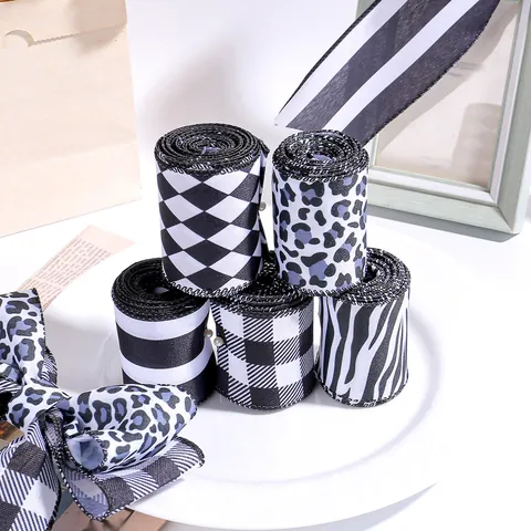 Black and White Striped Ribbon for Cake Box Decoration Floral Gift Wrapping DIY Crafts Zebra Leopard Checkered Argyle Pattern Fabric Wired Ribbon