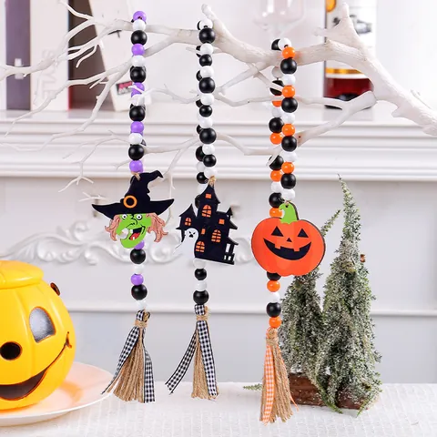 Halloween Holzperlengirlande Mit Hexe Kürbis Geisterhaus Anhänger Rustikale Bauernhaus Deko Mit Quaste Und Karoband