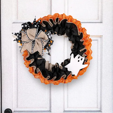 Halloween Wreath Burlap Ghost Decoration Front Door Wall Hanging Spooky Orange Black Bow Ornament Party Supplies