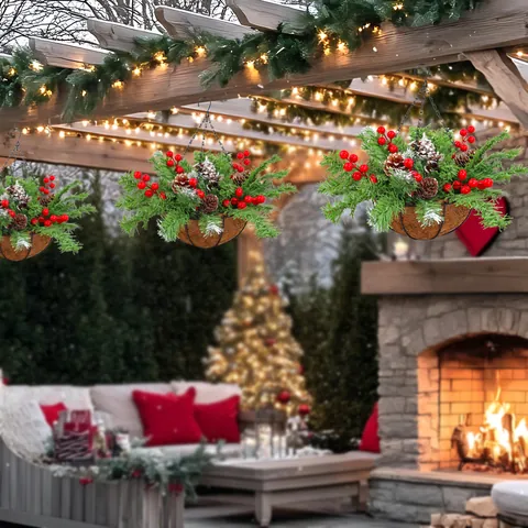 Artificial Christmas Hanging Basket With Warm LED Lights Pine Needles Cones Berries Plastic Metal Ornaments For Home Garden Decor