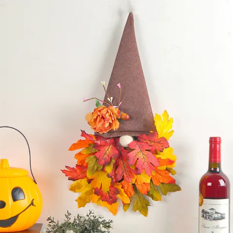 Autumn Gnome Door Hanging Wreath Artificial Maple Leaves Burlap Hat Thanksgiving Harvest Festival Home Decor
