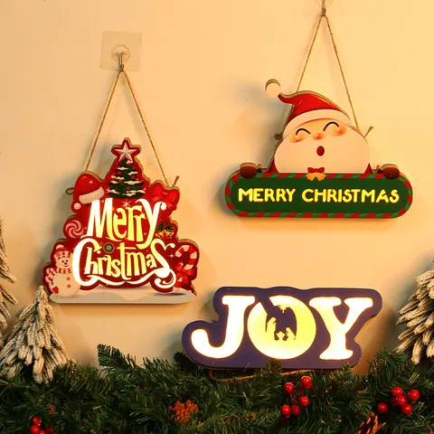 Glowing Christmas Wooden Hanging Plaque JOY Letter Sign Nativity Silhouette LED Light Up Door Window Decoration Holiday Home Decor
