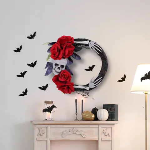 Halloween Horror Skull Red Rose Wreath Gothic Ghost Hand Door Hanging Ornament For Haunted House Party Decor Props