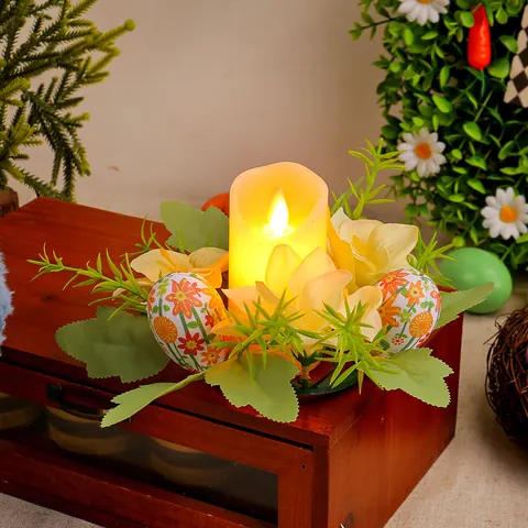Easter Candle Holder Ornament Artificial Flower Easter Egg Wreath Plastic Fabric Foam Table Centerpiece Party Decoration