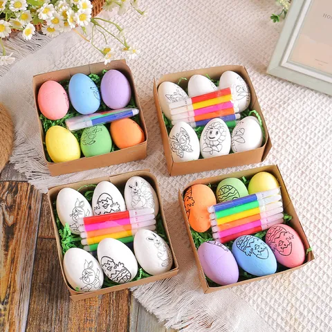 Easter DIY Hand-Painted Egg Set For Kids Creative Cartoon Rabbit Chick Pattern Plastic Foam Egg Craft Kit Easter Favor Gift