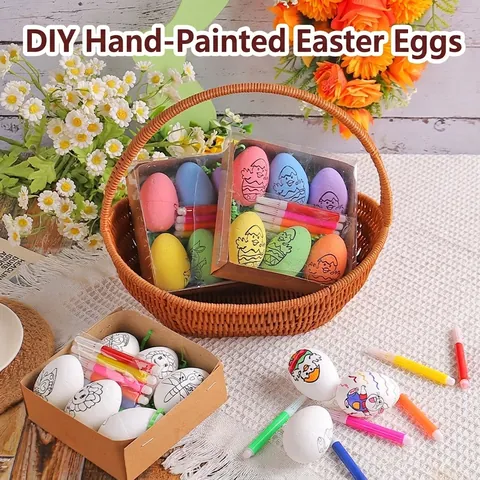 Easter DIY Hand-Painted Egg Set For Kids Creative Cartoon Rabbit Chick Pattern Plastic Foam Egg Craft Kit Easter Favor Gift