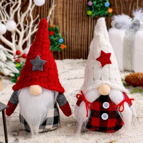 Gnomo Di Natale Bambola Senza Volto Cappello A Maglia Con Dettaglio Stella Tessuto Plaid Peluche Decorazione