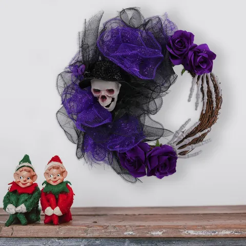 Halloween Skull Wreath Top Hat Skeleton Hand Rose Maple Leaf Rattan Wreath Door Wall Decoration Gothic Horror Props