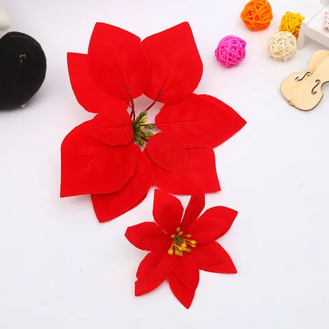 Artificial Red Poinsettia Christmas Flower Flocked Fabric Festive Decoration For Tree Party Home DIY Holiday Floral Ornament