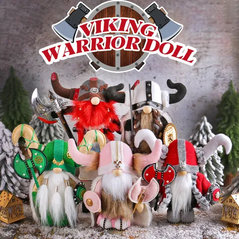 Handmade Viking Gnome Warrior Doll Nordic Faceless Rudolph Plush Figurine With Horned Helmet Shield Axe Decorative Ornament Home Holiday Gift