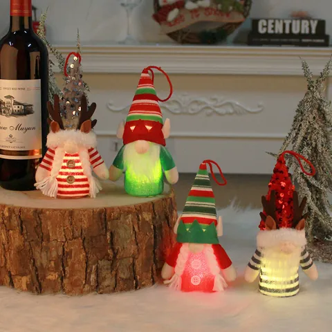 Glowing Christmas Gnome Elf Doll Decoration Faceless Old Man Hanging Ornament Reindeer Antler Sequin Plush Holiday Tree Decor
