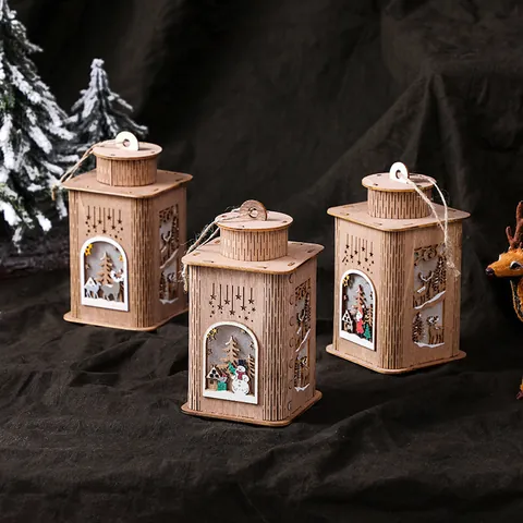 Rustic Christmas Wooden LED Lantern Lighted House Santa Claus Snowman Reindeer Pattern Holiday Desktop Ornament Decorative Wind Lamp Night Light