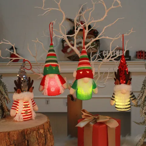 Glowing Christmas Gnome Elf Doll Decoration Faceless Old Man Hanging Ornament Reindeer Antler Sequin Plush Holiday Tree Decor