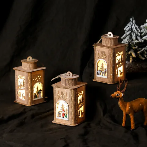 Rustic Christmas Wooden LED Lantern Lighted House Santa Claus Snowman Reindeer Pattern Holiday Desktop Ornament Decorative Wind Lamp Night Light