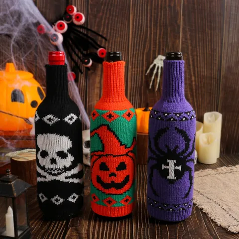 Halloween Knitted Wine Bottle Cover Skeleton Pumpkin Spider Pattern Christmas Thanksgiving Holiday Dining Table Decoration Wine Gift Bag